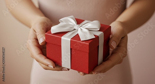 Woman holding a red gift box with white ribbon and bow