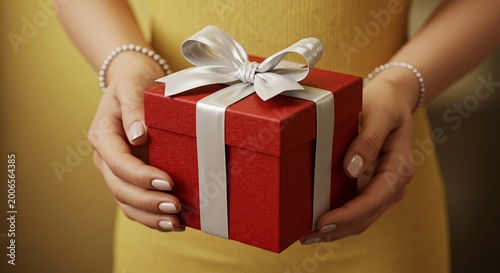 Woman holding a red gift box with white ribbon and bow in hands