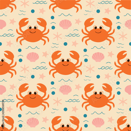 Seamless pattern with cute orange crabs and seashells on sandy background. Adorable nautical sea life pattern for kids nursery and baby textiles. Vector cartoon ocean animal pattern with shells. 