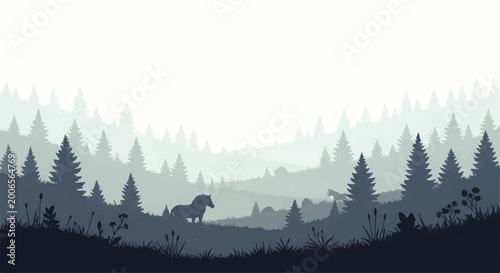 Tableau sur toile Serene vector flat design illustration of a lone horse in a misty forest landsca