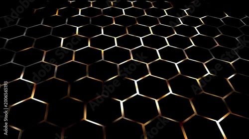 high angle view and close-up of a spreading golden illuminated hexagon pattern isolated on black background, motion design template texture overlay