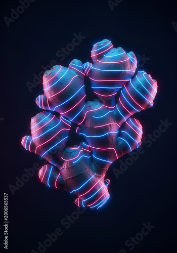 Abstract neon ginger root with vibrant blue and red stripes.