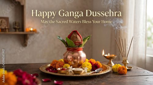 Sacred ganga dussehra celebration setup with copper kalash marigold flowers burning diya lamp and incense sticks symbolizing purification and blessings for a spiritual home