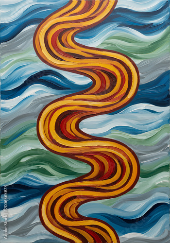 Abstract painting of a winding river with vibrant colors and flowing lines.