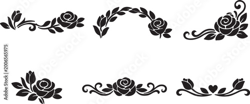Floral arrangements and leaf sprigs black silhouette vector illustrations on white background