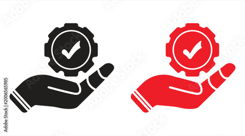 Hand holding cologne equipment. Ver-vrix verified cogwheel, Approved or certified character. Operation, process, customizing service, technique. Vector illustration.

