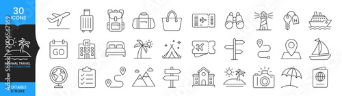 Travel Icon Set, Tourism Line Icons, Vacation Trip Symbols, Flight Hotel Map Location Icons, Editable Stroke Minimal Travel Collection