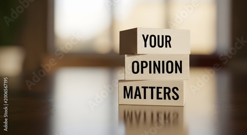 close up slow motion wooden blocks spelling your opinion matters in office background