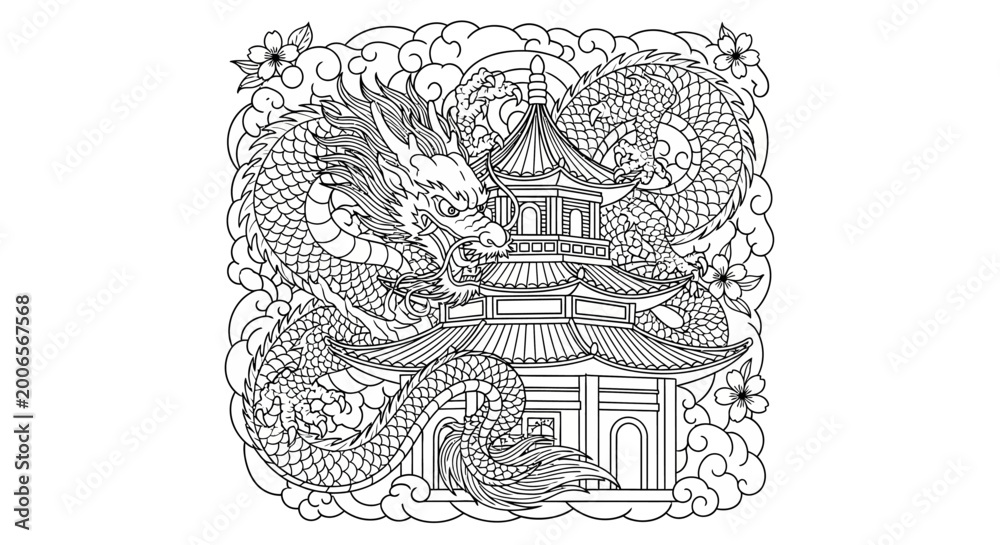 Fototapeta premium Japanese Dragon and Pagoda Illustration - Coloring Page
