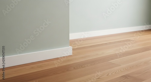 Close-up of wooden floor with white baseboard and light green wall