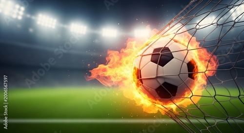 slow motion soccer ball exploding in flames on goal net in stadium 4k footage