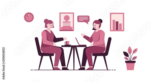 Two female colleagues discuss work projects while sitting at a table with a laptop and coffee in a stylishly minimalist pink vector illustration.