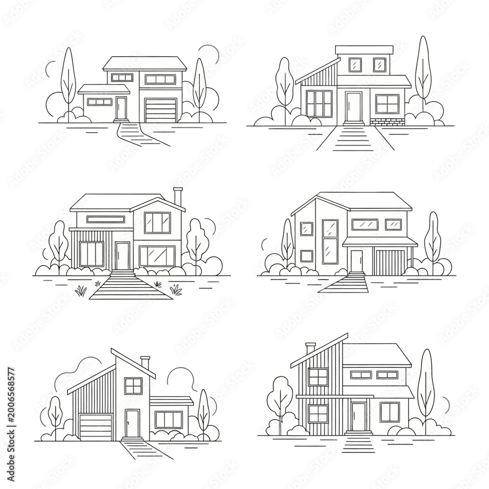 Fototapeta premium Six Modern Houses with Driveways.