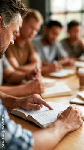 Group of men studying scripture together at Bible study meeting in church or community center