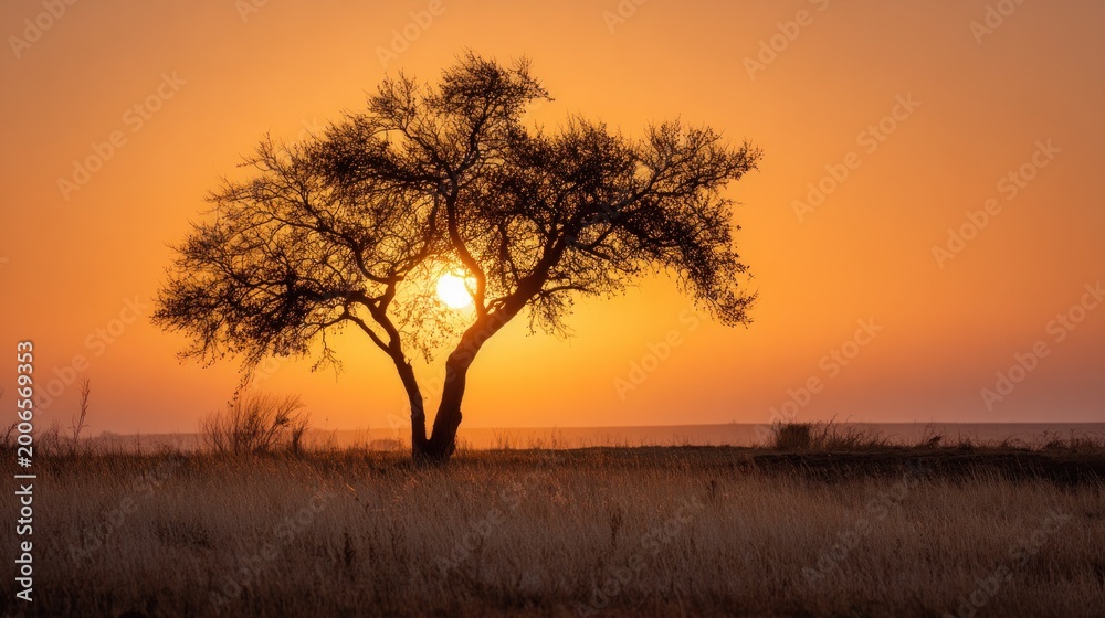 Fototapeta premium Silhouette tree at sunset with sunlight