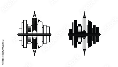 Modern city skyline reflection vector icons in line and silhouette style