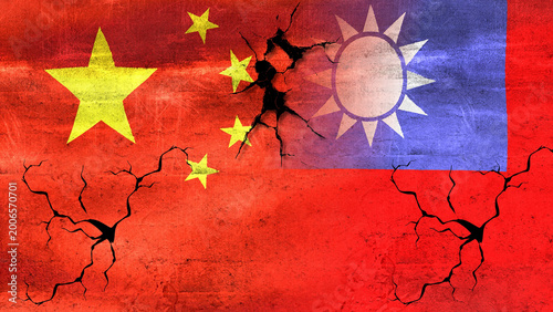Foto China and Taiwan flags intertwined: Illustrating cooperation, political tensions, and embargoes in diplomacy and economy