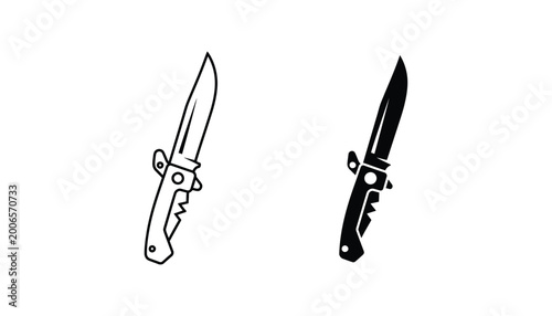 Tactical folding knife icon in outline and solid black graphic style for outdoor equipment and survival gear branding featuring a sharp blade and secure locking mechanism for camping activities