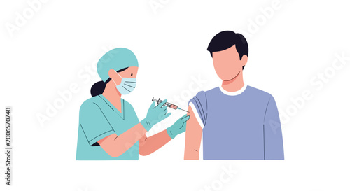 A female medical professional wearing scrubs and a mask administers a vaccination injection into the upper arm of a young male patient.