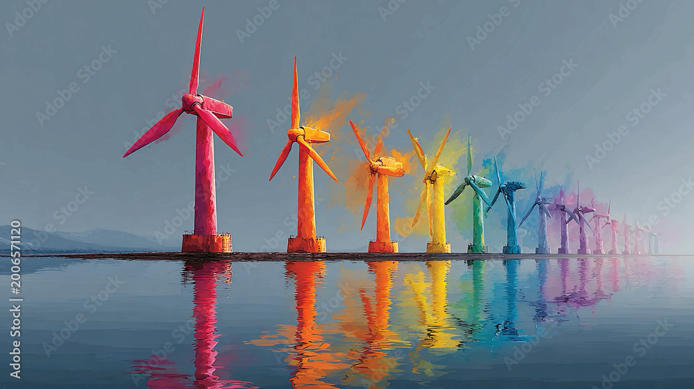 Naklejka premium Colorful wind turbines standing in calm water representing renewable energy