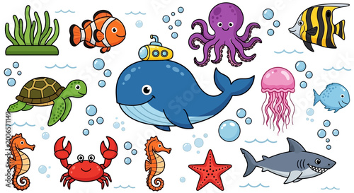 Colorful ocean sea creatures swimming together.