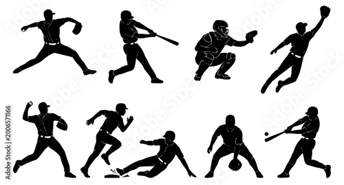 Tableau sur toile Baseball Action Silhouettes Vector Collection Featuring Batting Running and Fiel