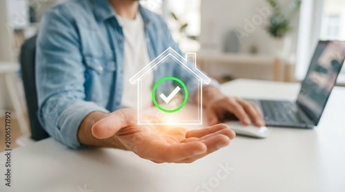 Professional real estate services for home buying and selling with glowing house checkmark icon representing quality assurance and property deals