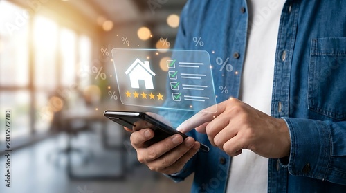Smart home technology and online property search concept featuring a man using a mobile device for residential evaluation and financial planning