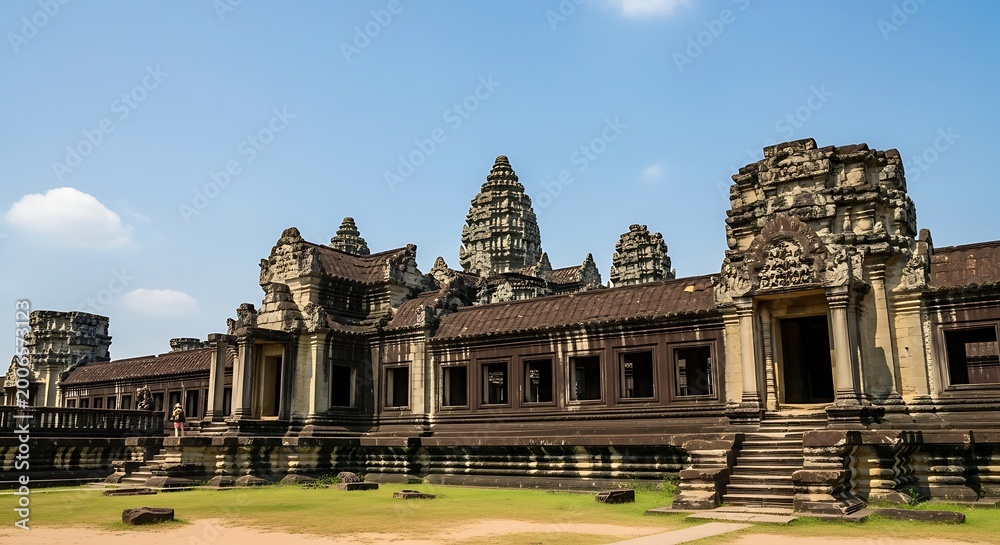 Obraz premium Angkor Wat Temple in Cambodia under a blue sky.