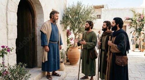 Biblical scene with apostle Peter meeting messengers from Cornelius. Three men talking to disciple at entrance of house. Ancient Middle East historical religious event from Acts.