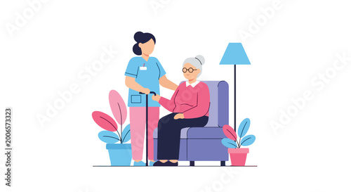 Obraz na plátne A compassionate nurse in a blue uniform provides dedicated care and support to an elderly woman sitting comfortably in her armchair
