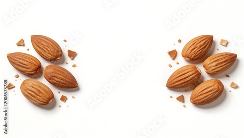 Almonds and almond pieces on white background