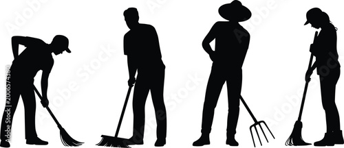 Tableau sur toile Silhouettes of workers cleaning with broom and rake tools representing maintenan