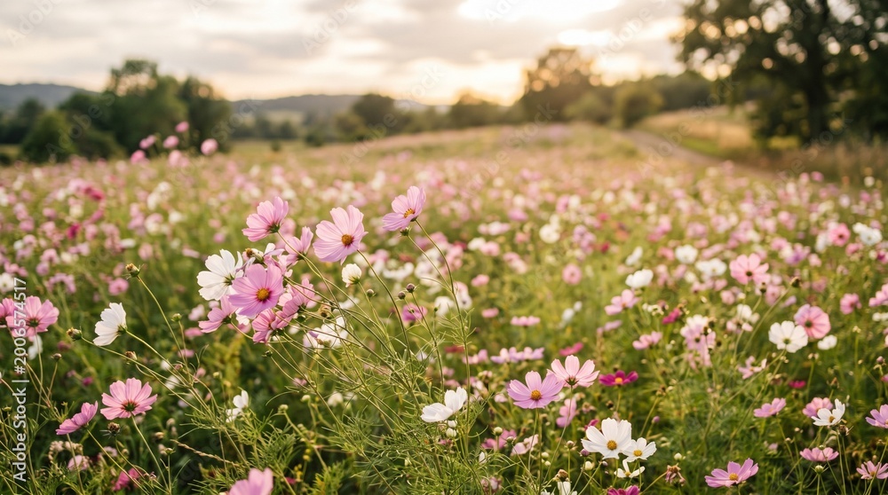 Obraz premium A peaceful summer meadow full of blooming cosmos flowers in pink and white