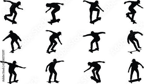 Foto Skateboarder silhouette set performing tricks and jumps illustrating urban extre