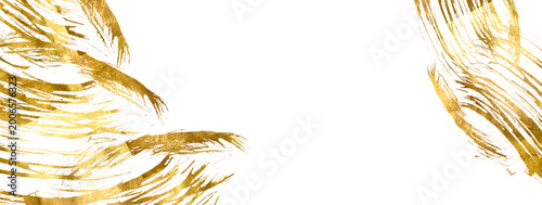 Brushstroke with gold. Festive background with gold glitter and confetti for celebration with glowing golden particles. Watercolor gold. Golden foil pieces flake. Old gold texture with gold paper.