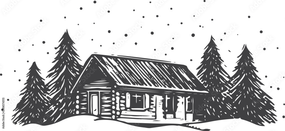 Naklejka premium Wood cabin in snowy forest, falling snow