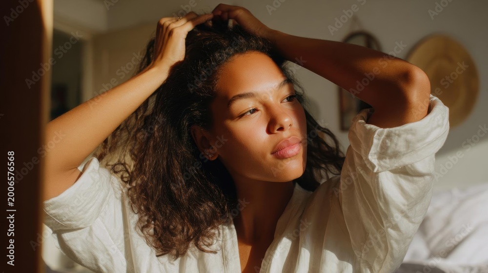Fototapeta premium Portrait of a young woman with curly hair. she is standing in a bedroom with a bed in the background. the woman is wearing a white blouse and her hair is styled in loose curls.