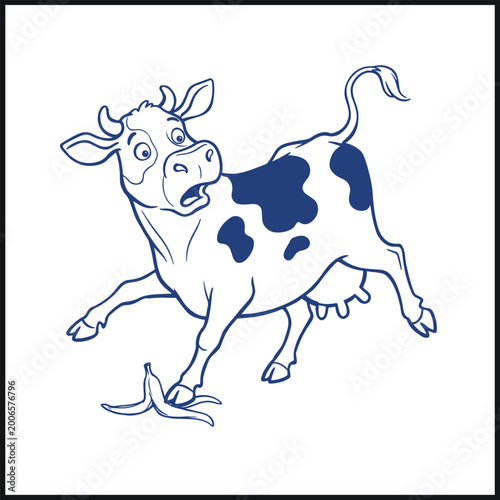 Принти на полотні Cartoon cow slipping on banana peel with startled wide-eyed expression spread le