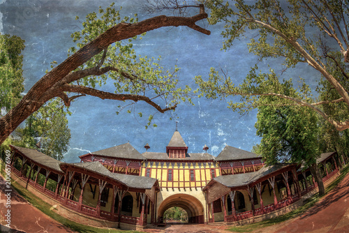 Old photo with Grand Terrace on the shores of Palic Lake near Subotica, Serbia. Designed in art nouveau style by architects Komor and Jakab.Built in 1912, is the entrance to the park in Palic. Vintage