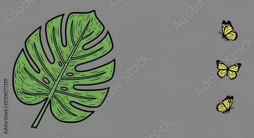 illustration of monstera leaf with yellow butterflies on gray background