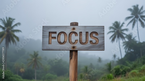Wooden sign with the word FOCUS carved in wood in a tropical nature setting