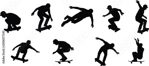 Fotografia Skateboarder silhouette set with dynamic tricks and aerial poses representing ur
