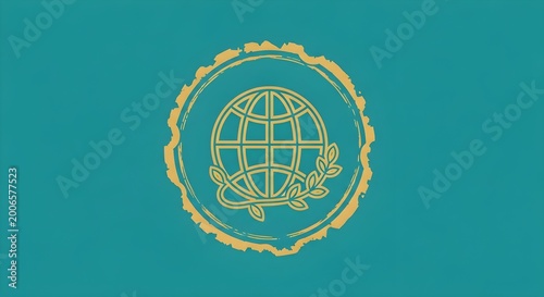 golden united nations emblem with globe and olive branches on teal gradient background