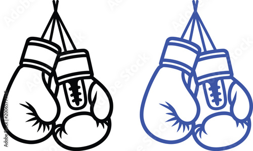 Boxing gloves, hanging gloves, black and blue, vector icons, sports equipment, fitness symbols
