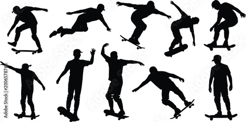 Photos Skateboarder silhouettes performing tricks and poses showcasing urban street spo