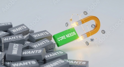 Balance scale tipping wants towards core needs with golden coins and paper money