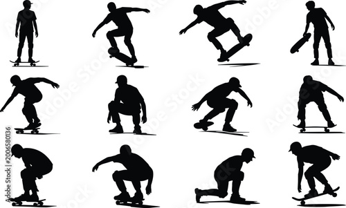 Canvastavla Skateboarder silhouettes performing tricks and stunts showing urban sport action