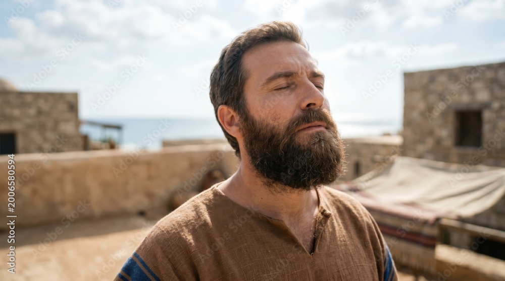 Fototapeta premium Man praying on a rooftop, depicting the biblical Apostle Peter in deep contemplation. Ancient setting reflecting spiritual vision and divine communication as described in Acts of the Bible.