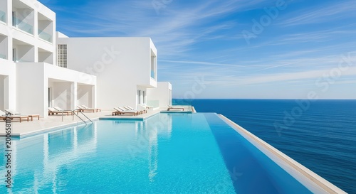 A sleek minimalist resort hotel with stark white geometric walls and a sprawling infinity pool that merges seamlessly with the blue ocean, tropical, calm, peaceful